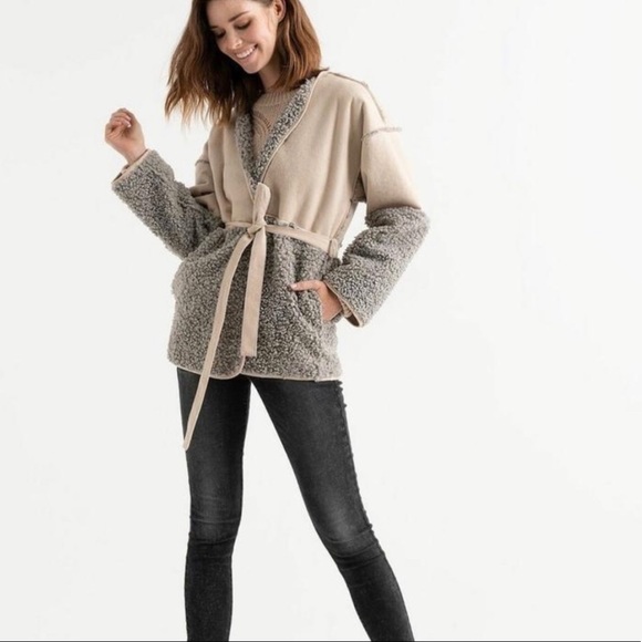 Lucky Brand Nude and Gray Suede Sherpa Jacket - Picture 3 of 8